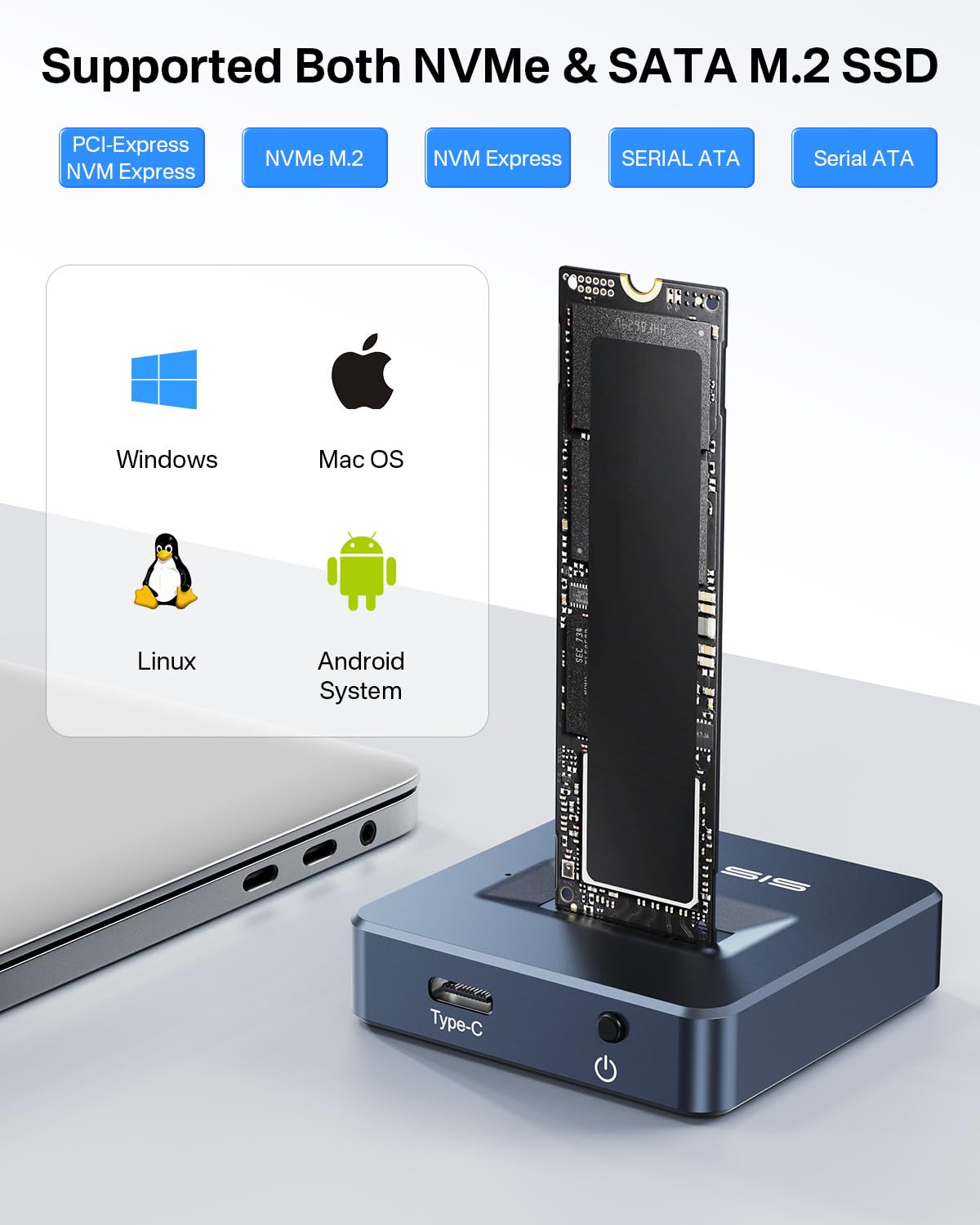 ACASIS M.2 NVMe & SATA to USB C Docking Station, NVME SSD Enclosure Adapter, USB 3.2 Gen 2(10 Gbps), Aluminium Alloy Housing, Support M.2 (M Key) NVMe and (B+M Key) SATA-Based SSD