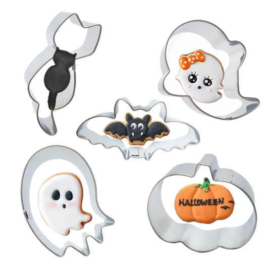 5 Pieces Mini Halloween Cookie Cutters, Size 2.2" to 2.6" Small Stainless Steel Molds Ghost, Cat, Bat, Pumpkin Holiday Shapes for Halloween Party Decorations