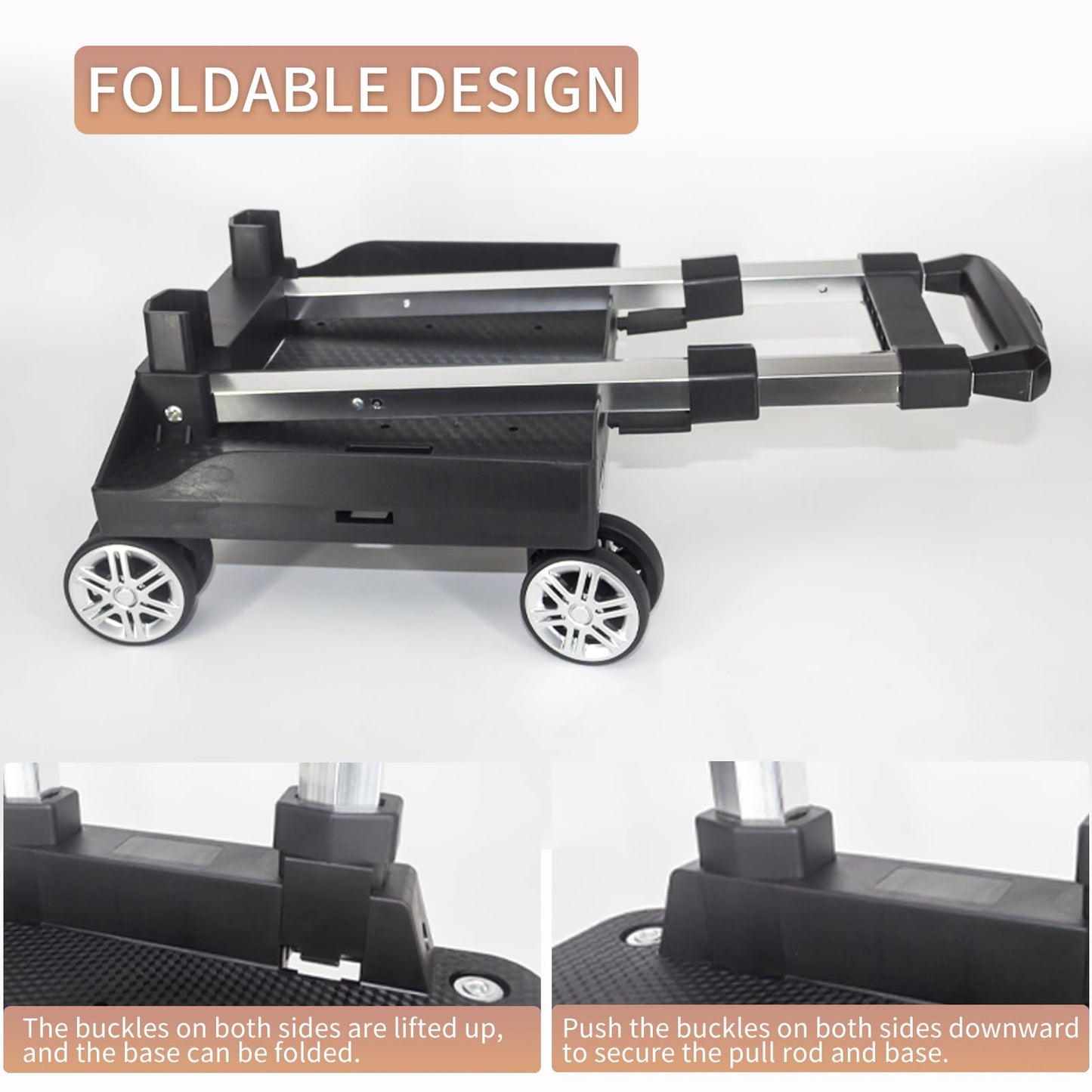 Backpack Trolley Wheeled Cart, Foldable Aluminium Alloy Hand Truck with Edge Guard Base, 4 Spinner Wheels, Luggage Cart with Luggage Strap for Teenagers, Adults, School,Luggage Trolley for Travel