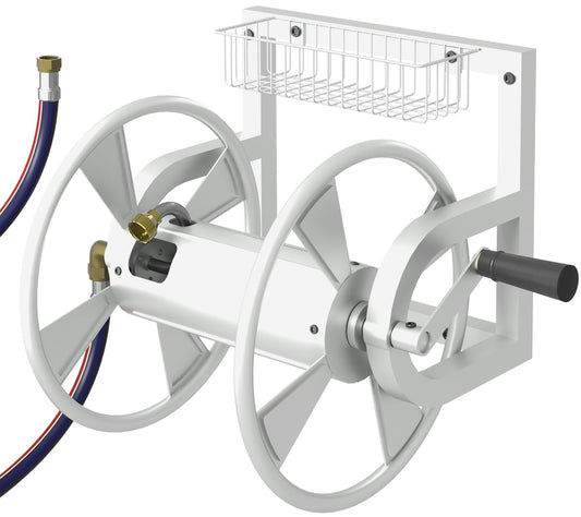 Artigarden Outdoor Garden Hose Reel Wall Mount, Heavy-Duty Water Hose Holder Winder with 3.9 ft Leader Hose, Brass Fitting and Storage Basket for Yard, Holds 125 Feet of 5/8-Inch Hose, White