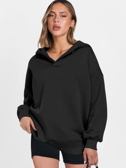 ANRABESS Womens Oversized Hoodies V Neck Sweatshirts Fleece Long Sleeve Pullover Y2K Clothes 2025 Fall Trendy Outfits Black L