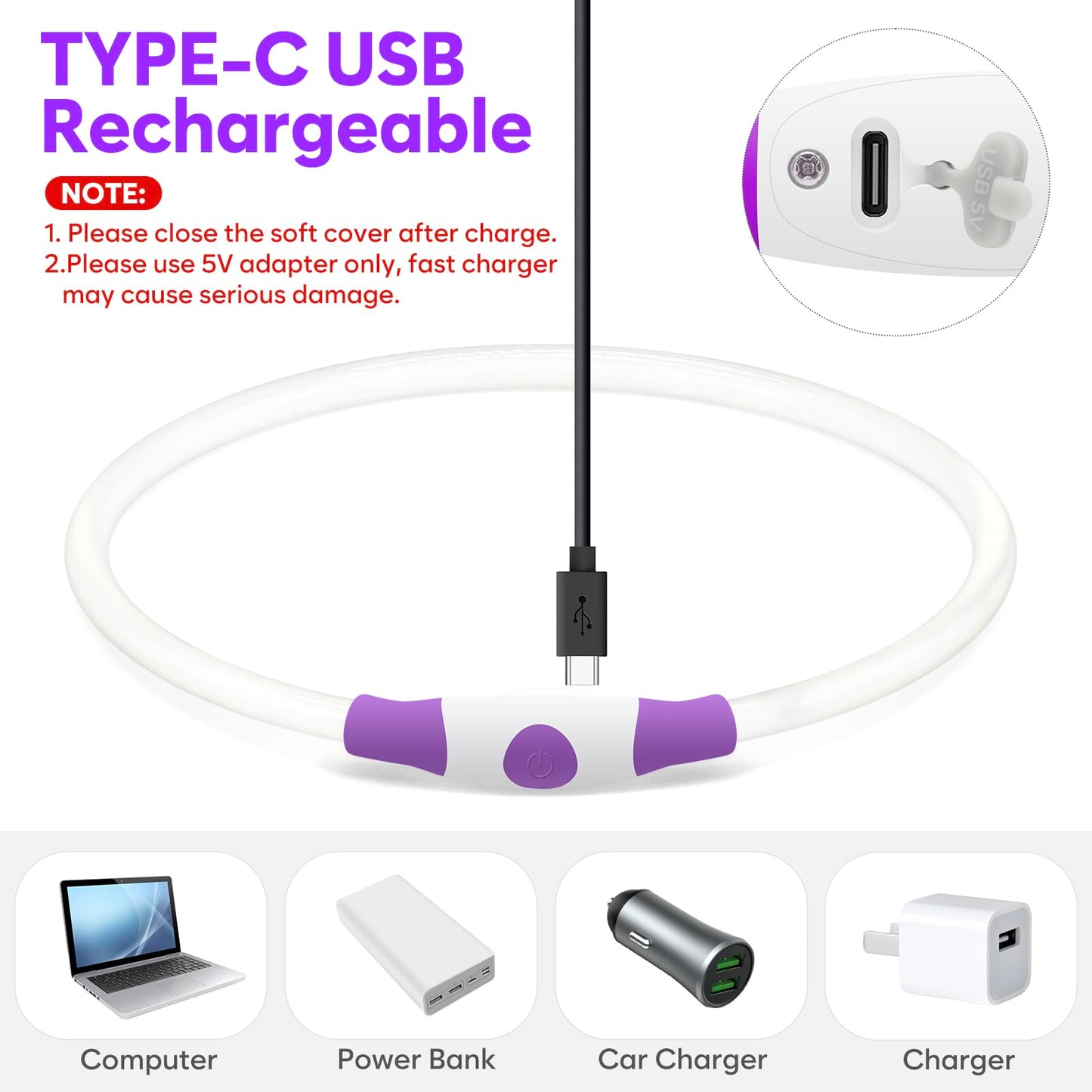 HIGO Light Up Dog Collar, LED Dog Collar for Night Safety with 3 Modes, Type-C Rechargeable & Adjustable TPU Material for Small Medium Large Dogs (Purple)