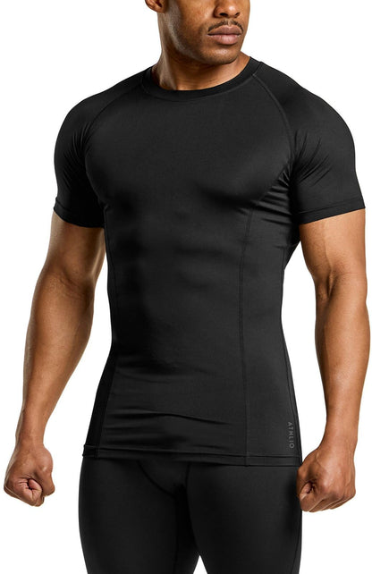 ATHLIO Men's Cool Dry Short Sleeve Compression Shirts, Sports Baselayer T-Shirts Tops, Athletic Workout Shirt, 3pack Tops Black/Black/Black, Medium