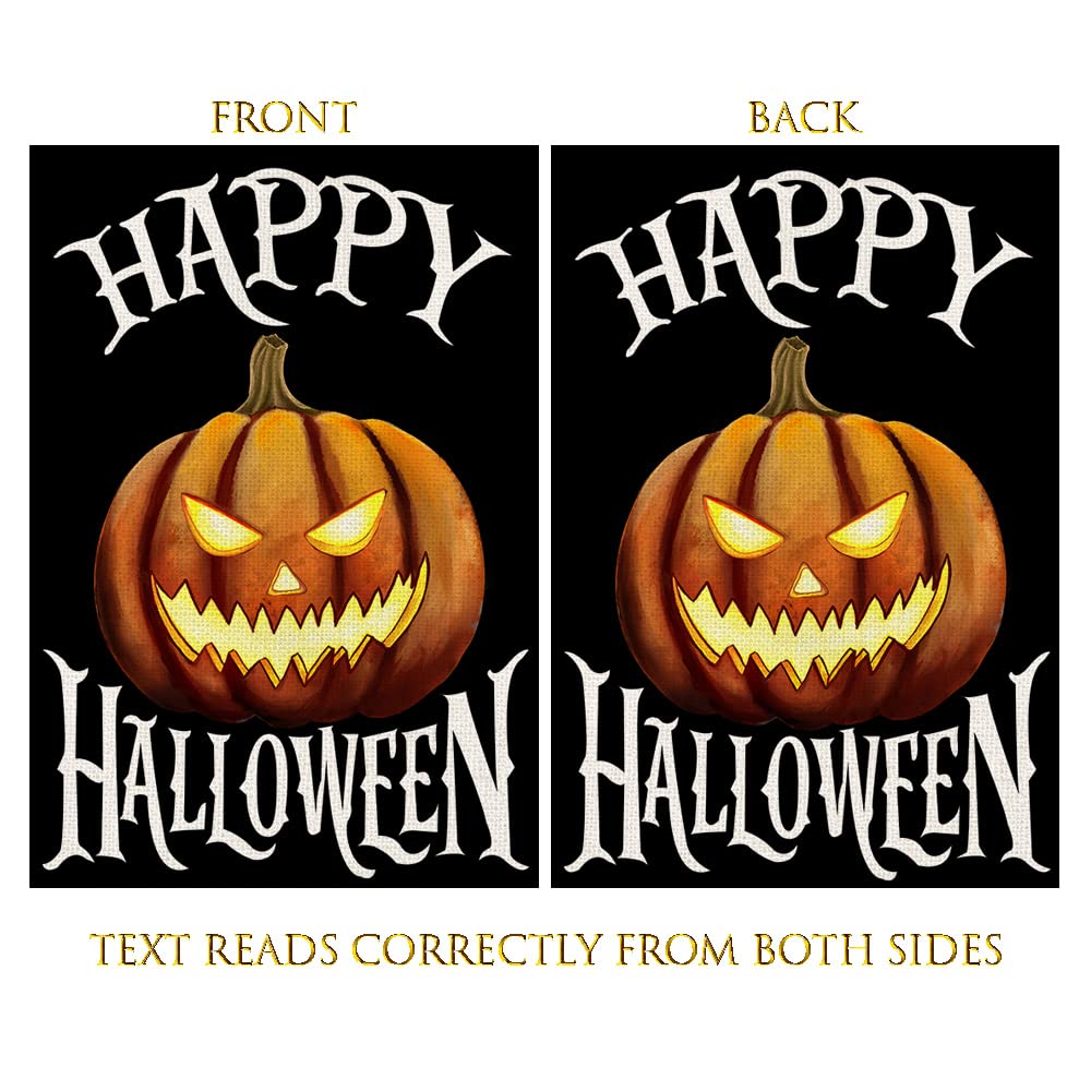 Happy Halloween Garden Flag 12 x 18 Inch Burlap Vertical Double Sided, Scary Pumpkin Holiday Yard Outdoor Decoration DF092
