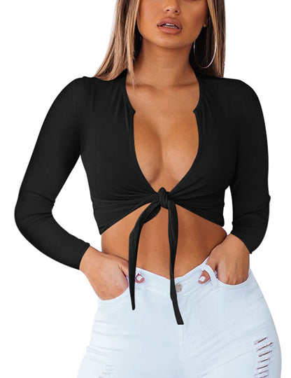 BORIFLORS Women's Sexy Tie Up Crop Top Long Sleeve Deep V Neck Casual Basic T Shirt,X-Small,Black