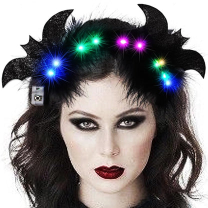 CAKURE Light Up Halloween Headband Led Black Feather Headpiece Glowing Bats Hairbands Nightclub Festivel Party Headwear Rave Hair Accessories
