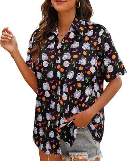 Womens Halloween Hawaiian Shirt Cute Pumpkin Spooky Castle Graphic Tee Magical Halloween Short Sleeve Button Up Tops