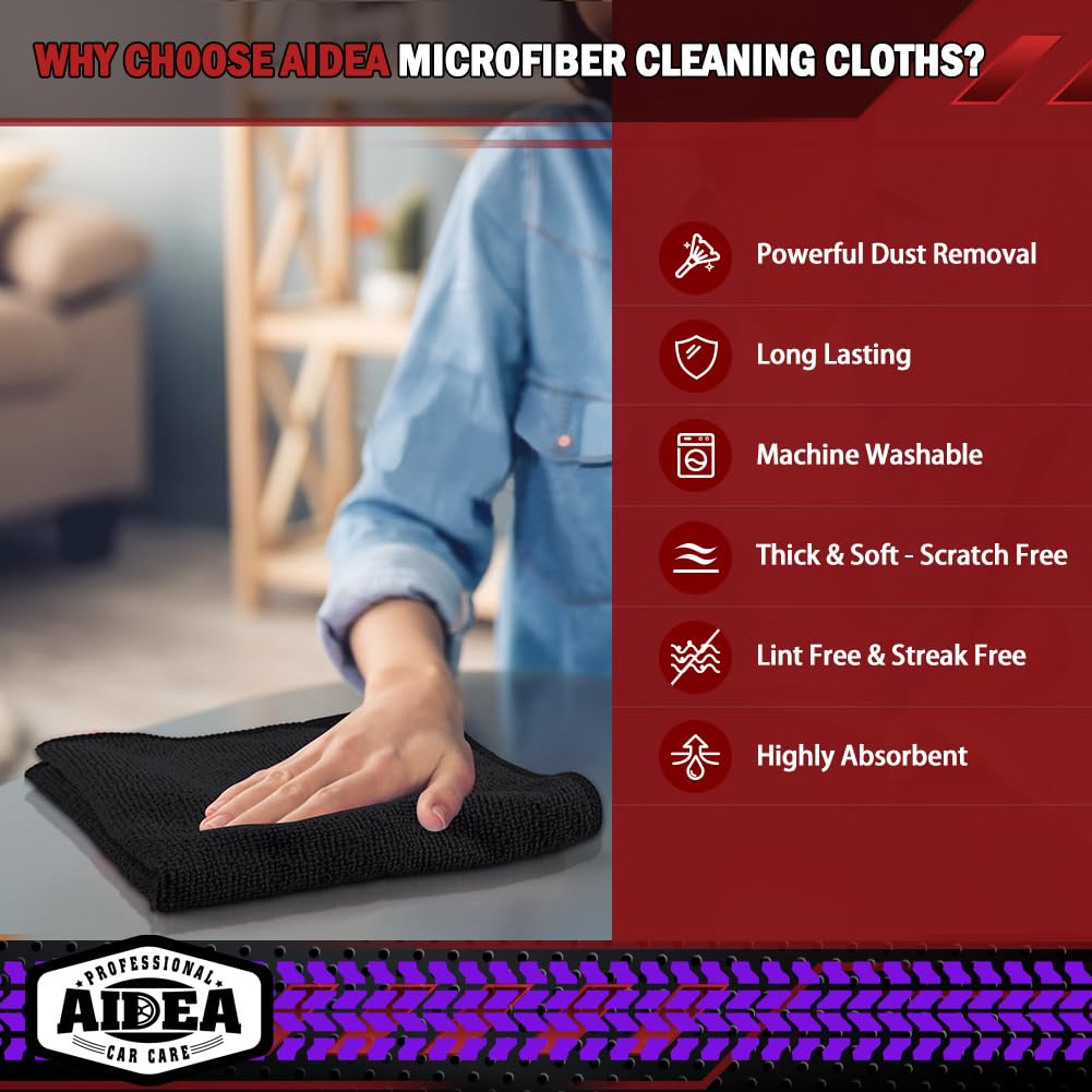 AIDEA Microfiber Cleaning Cloth Black 150PK, Microfiber Towels for Cars, Premium Car Cloths, Dusting Cloth Lint Free Cleaning Rags for SUVs, House, Kitchen, Window, Workshops,12×12"