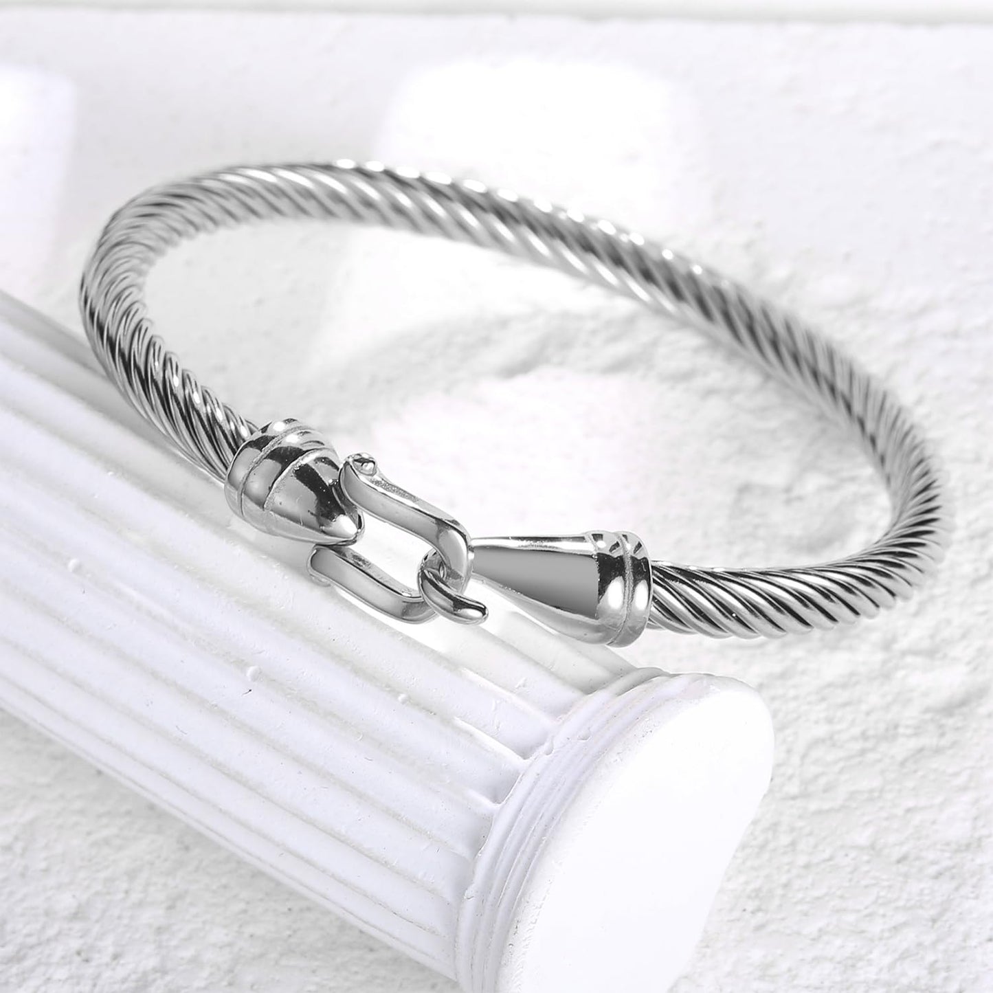 BOLAGTIER Stainless Steel Twisted Cable Wire Bracelets with Hook Adjustable Cuff Bangle Bracelet Vintage Jewelry Gift for Women (Silver, Medium)