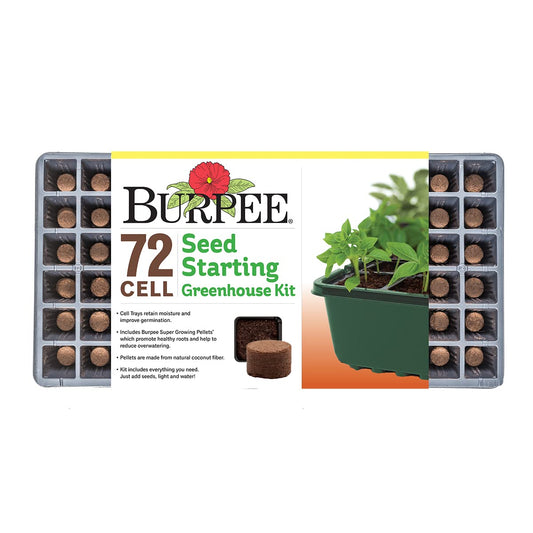Burpee Greenhouse Indoor Starting Herbs, Flowers and Vegetables | Includes Dome, Watering, Seed Starter Tray, Coir Pellets | 10" W x 20" L x 5" H, One Size, 1 Kit (72 Cells)