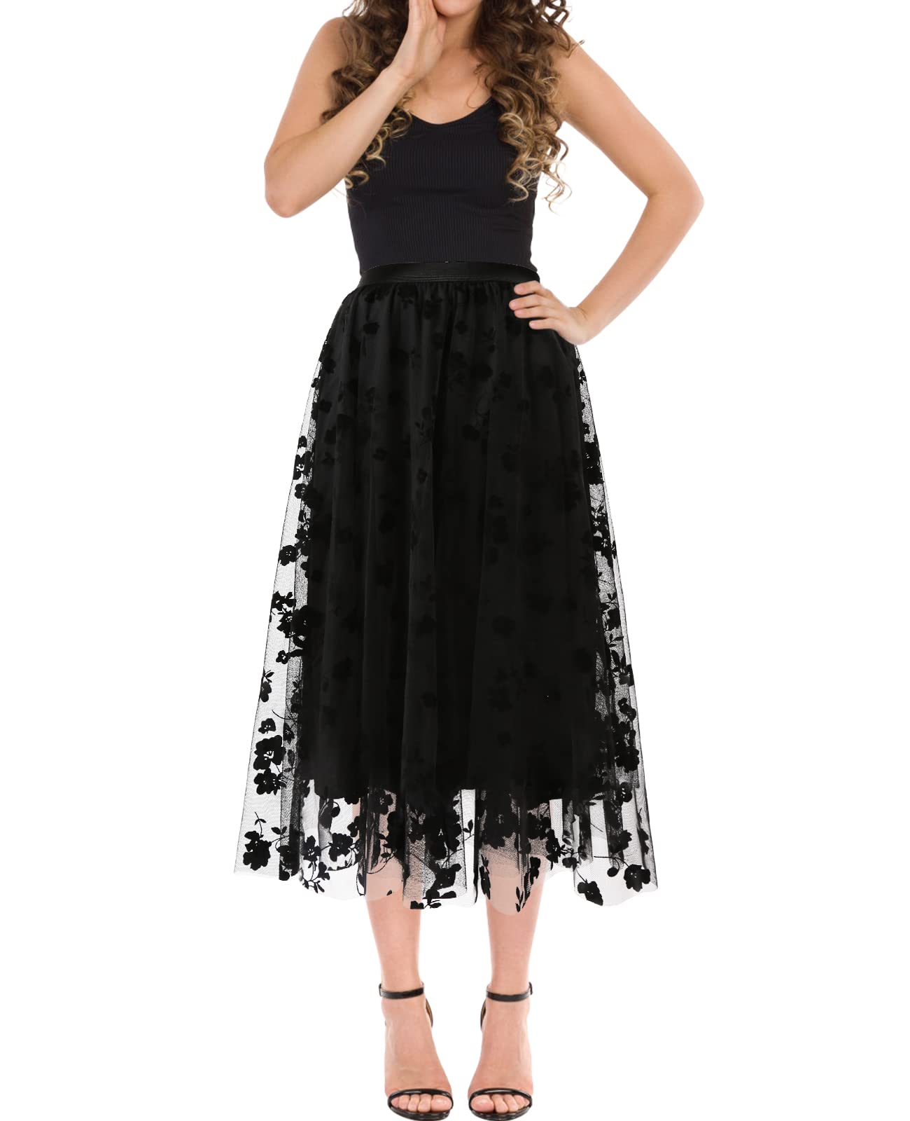 Women's A Line Tulle Midi Skirt Tutu Tiered Petticoat Skirts Tea-Length Elastic Waist Tutu Skirts (Flower Black 2 Layer)