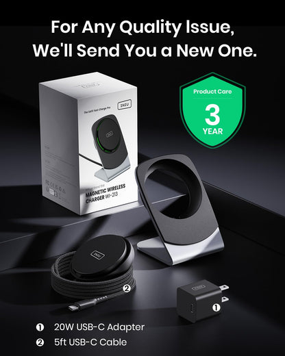 INIU Wireless Charger, 15W Fast Charging Magnetic Wireless Charger Stand, Travel Essential Wireless Charging Station with Sleep-Friendly Adaptive Light, for iPhone 16/15/14/13/12 Series, Airpods