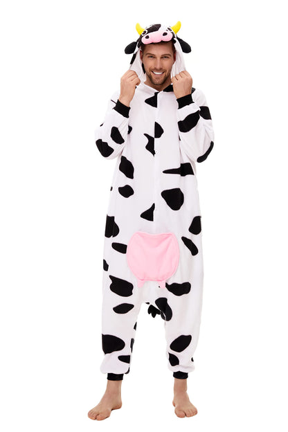 CANASOUR Christmas Cow Onesie Halloween Pajamas For Women Couples Adult Animal Custom With Udders Unisex Anime Cosplay Costumes (Cow,Large)