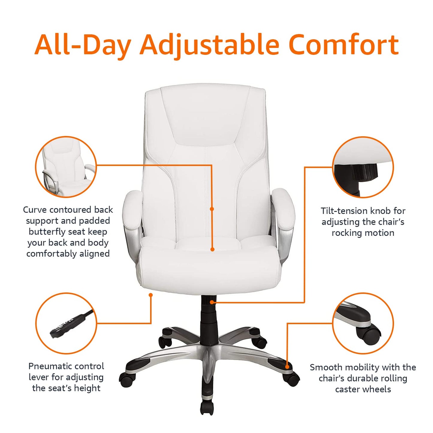 Amazon Basics Executive Home Office Desk Chair with Padded Armrests, Adjustable Height and Tilt, Rolling Swivel Chair, 275 Pound Capacity, White and Pewter