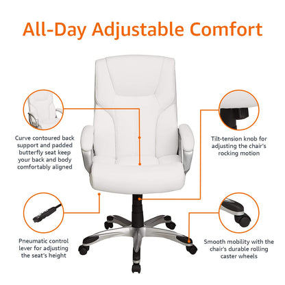 Amazon Basics Executive Home Office Desk Chair with Padded Armrests, Adjustable Height and Tilt, Rolling Swivel Chair, 275 Pound Capacity, White and Pewter