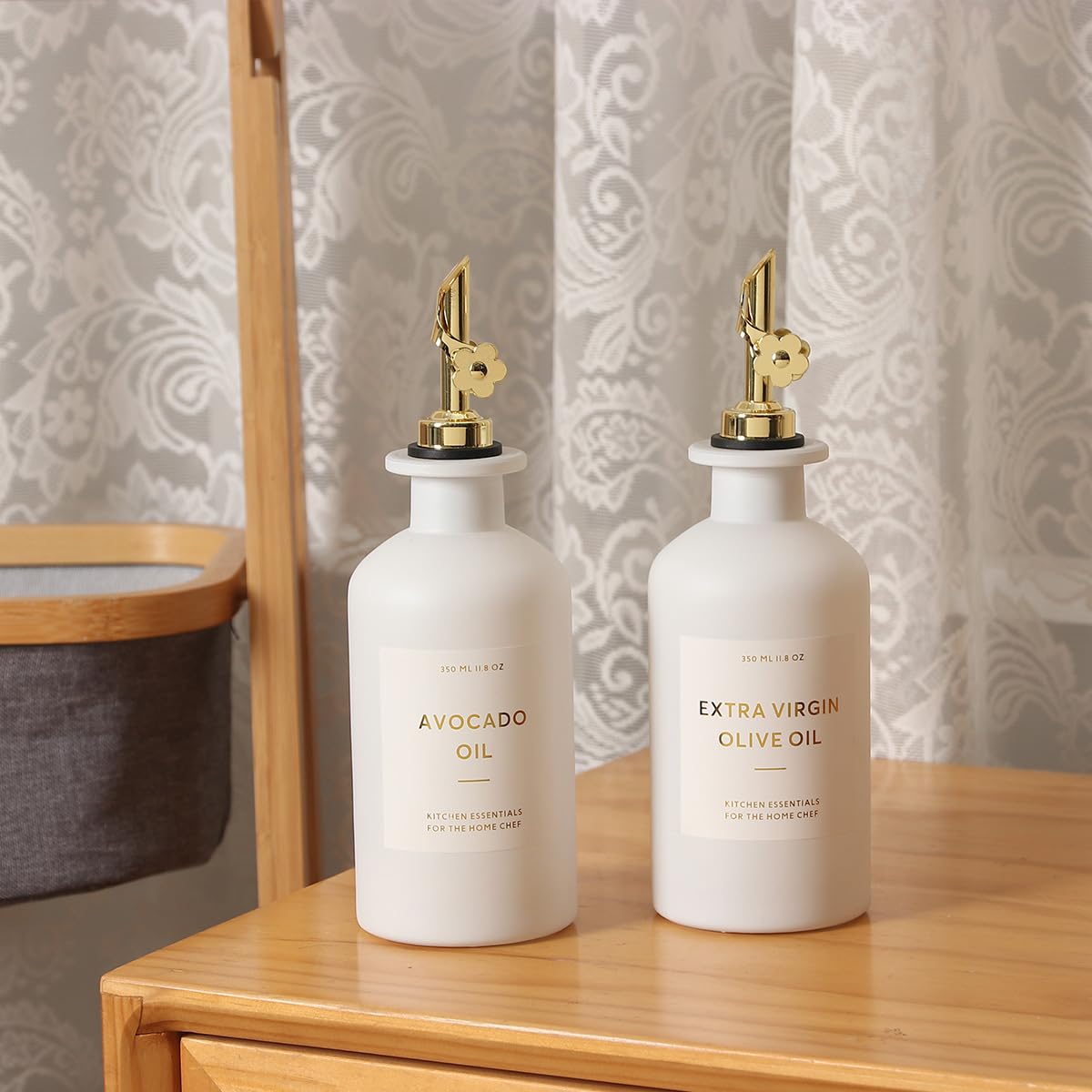 HOMCDALY Olive Oil Dispenser for Kitchen, 11.8oz Glass kitchen Dispenser Bottle, Gold Oil&Vinegar Cruet Set, Leakproof Oil Containers for Cooking| Set of 2 (11.8oz – Gold)