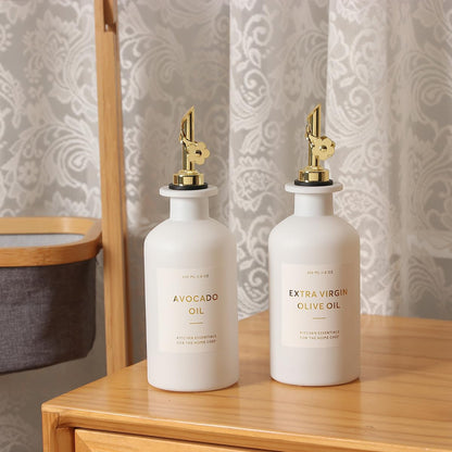 HOMCDALY Olive Oil Dispenser for Kitchen, 11.8oz Glass kitchen Dispenser Bottle, Gold Oil&Vinegar Cruet Set, Leakproof Oil Containers for Cooking| Set of 2 (11.8oz – Gold)