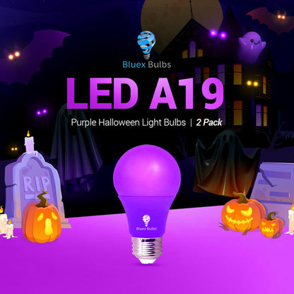 BlueX Bulbs 2 Pack LED A19 Purple Light Bulb - 9W (60Watt Equivalent) - E26 Base LED Bulb, Party Decoration, Porch, Home Lighting, Holiday Lighting, Non-Dimmable.