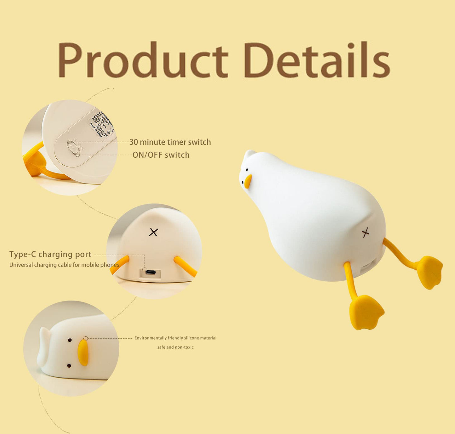 HAPPYBAG LED Lying Flat Duck Night Light, 3 Level Dimmable Nursery Nightlight,Cute Lamps Silicone Squishy Light Up Duck,Rechargeable Bedside Touch Lamp for Breastfeeding Toddler Baby Kids Decor