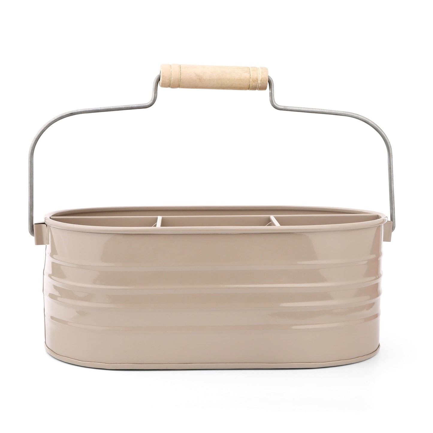 Alpha Living Home Multi-Functional Utensil Caddy – 4-Compartment Organizer for Kitchen, Party & Office – Durable Beige Powder-Coated Iron Alloy with Wooden Handle