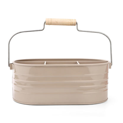 Alpha Living Home Multi-Functional Utensil Caddy – 4-Compartment Organizer for Kitchen, Party & Office – Durable Beige Powder-Coated Iron Alloy with Wooden Handle