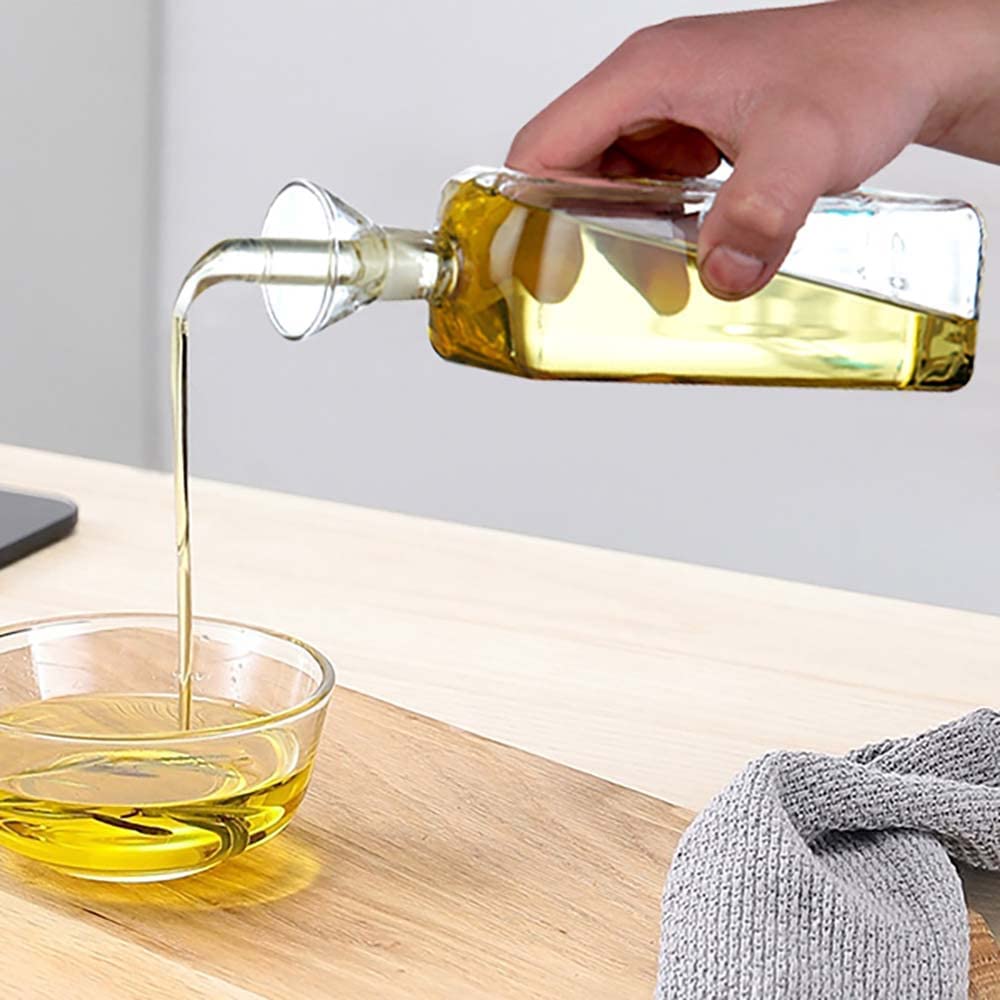 Belicheto Glass Olive Oil Dispenser - No Funnel Needed, Easy Refill with Pourers - Clear Vinegar Dispenser Bottle Olive Oil Carafe Decanter for Kitchen BBQ (17oz/500ml)