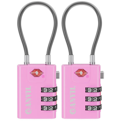 ANVIL TSA Approved Cable Luggage Locks 3 Digit Combination Padlock with Zinc Alloy Steel Cable Lock Ideal for Travel Suitcase, Backpack, Lockers,Case,Toolbox (2, Pink)