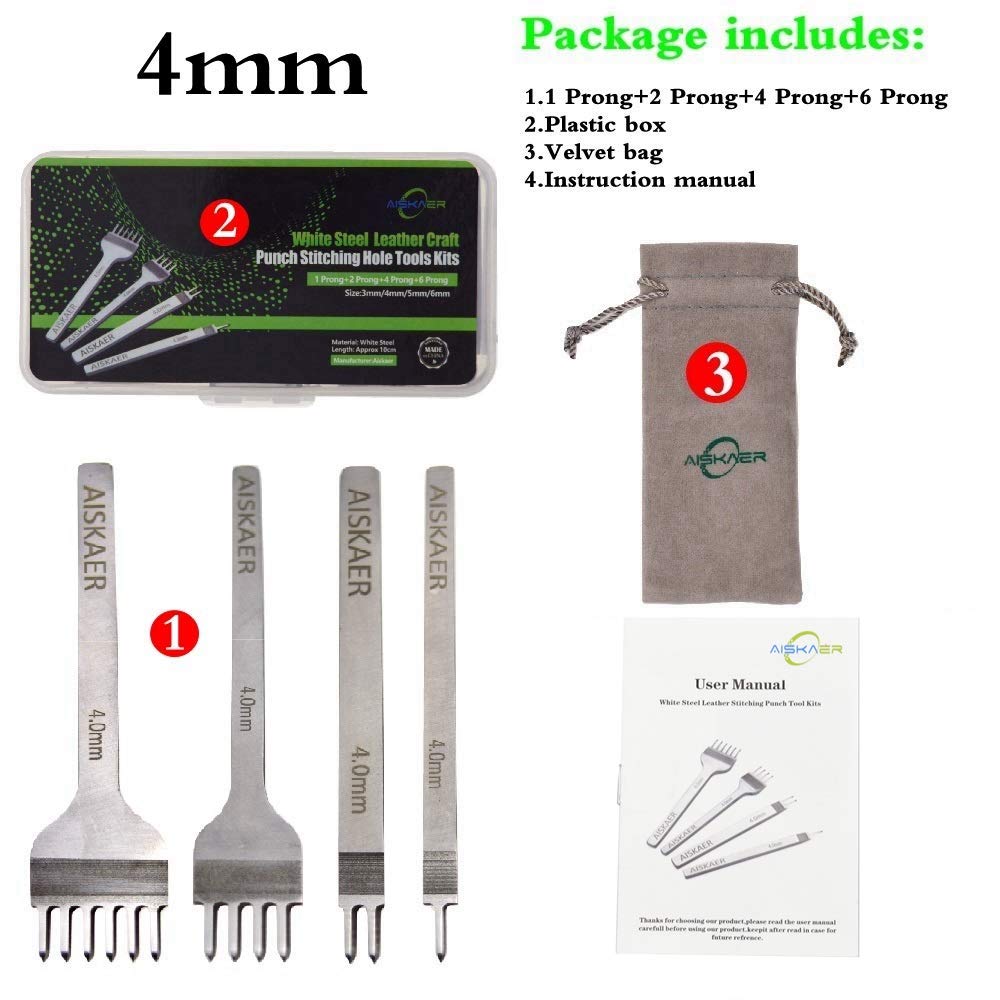 Aiskaer Leather Stitching Punch Set, Diamond Chisel Tools, 4mm White Steel 1/2/4/6 Prong for Leather Craft DIY