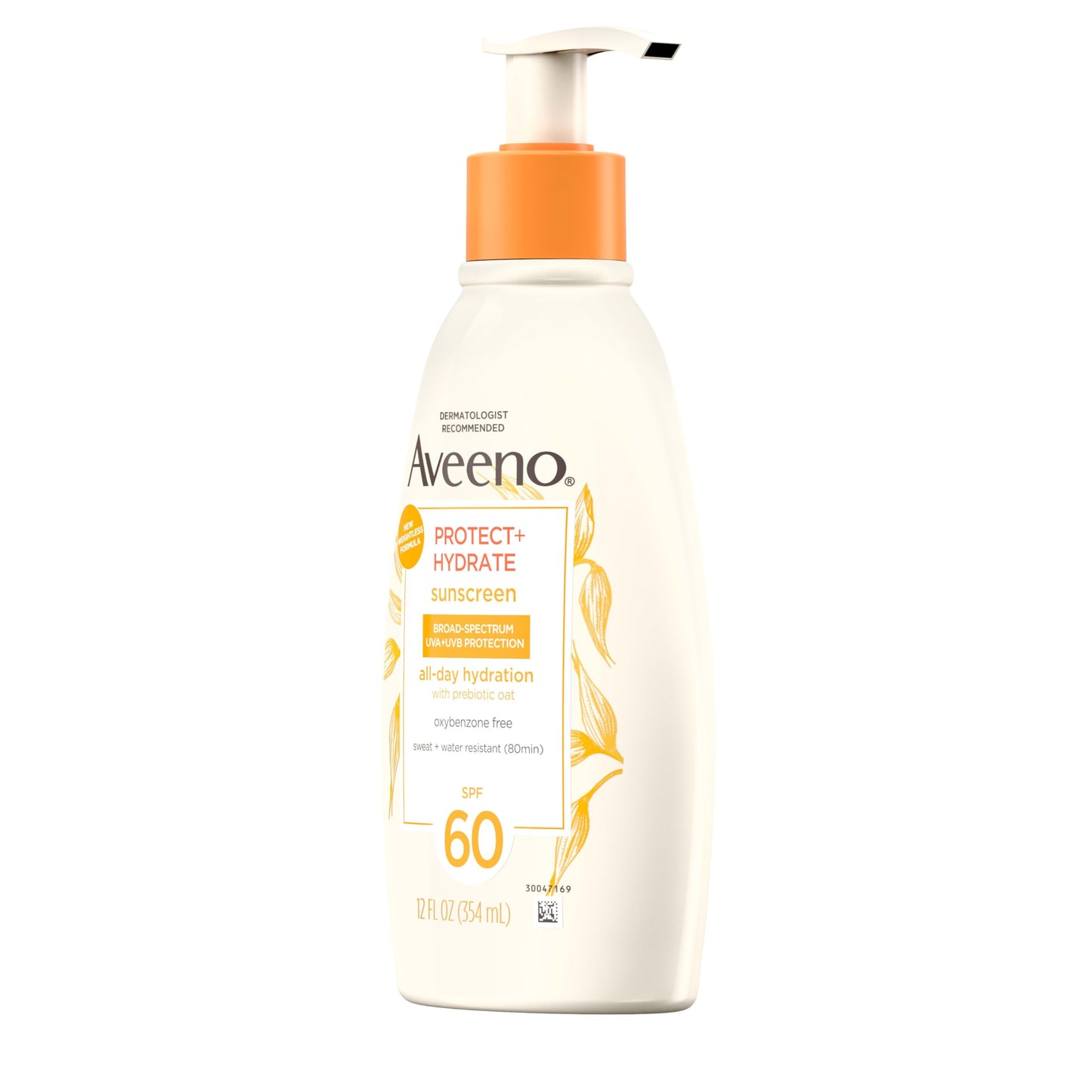 Aveeno Protect + Hydrate Sunscreen Moisturizing Body Lotion with Prebiotic Oat, Broad Spectrum SPF 60, Paraben, Oxybenzone & Oil Free, Weightless, Water & Sweat Resistant for Sensitive Skin, 12 Fl Oz
