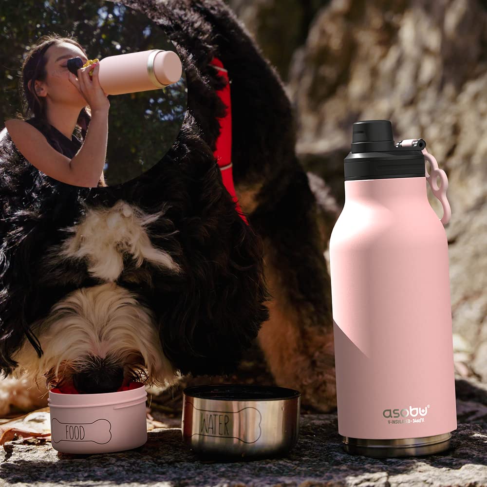 Asobu Dog Barky Bottle – Insulated Stainless Steel Water Bottle with 2 Removable Dog Bowls for Food, Treats & Water – Pet-Friendly Travel Bottle for Hiking, Road Trips & Outdoor Adventures