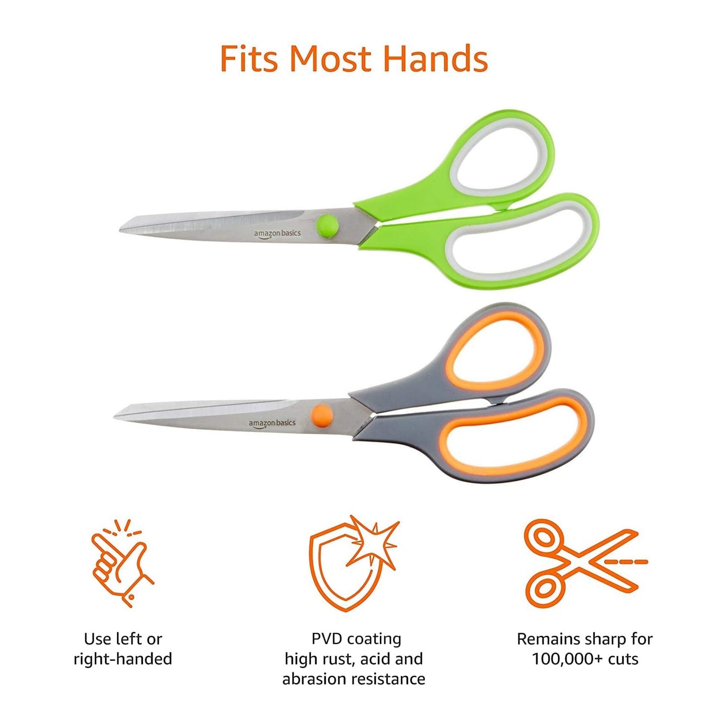 Amazon Basics Stainless Steel Scissors for Office, Crafts, Multipurpose, Sharp, Comfort Grip, PVD Coated, 2 Pack, Green and Grey