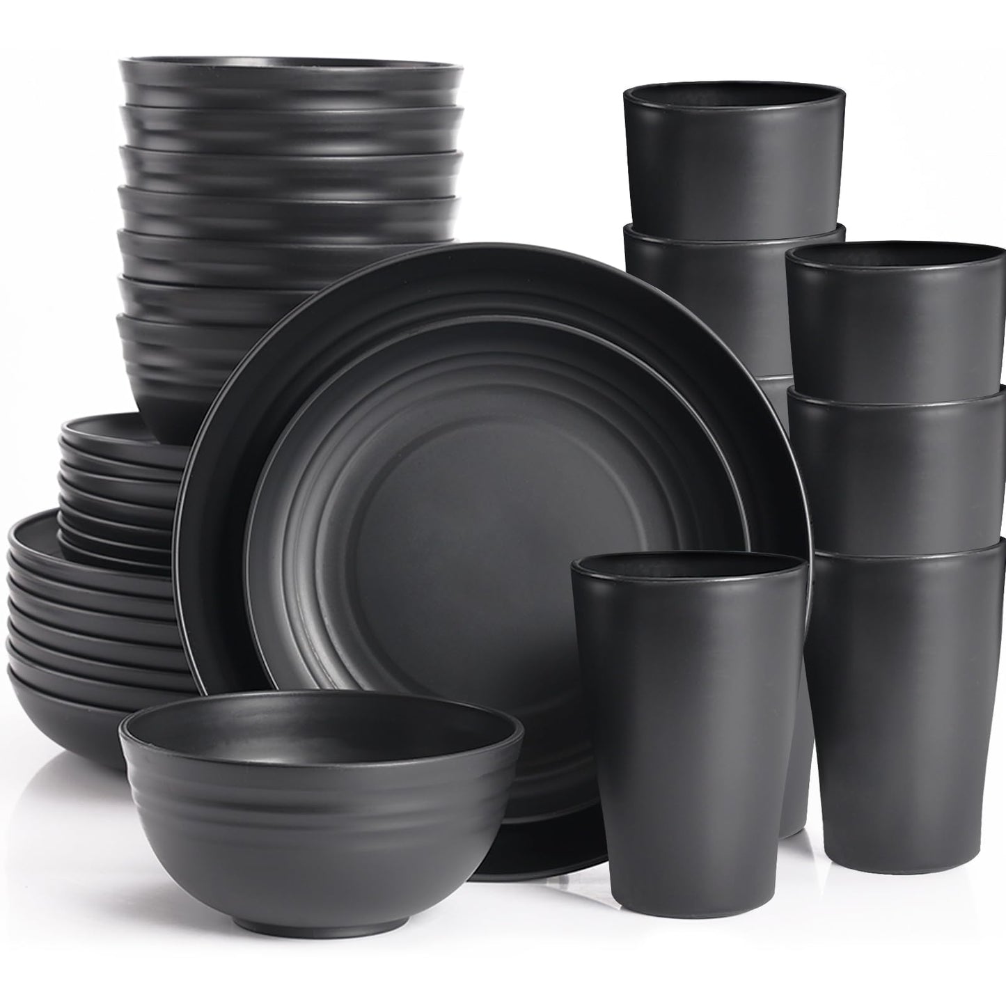 Black Plates and Bowls Sets for 8,Wheat Straw Dinnerware Sets Black Plastic Reusable Dishwasher Safe for Kitchen Halloween Camping,32 Pcs Lightweight Unbreakable Plastic Dishes Set Outdoor