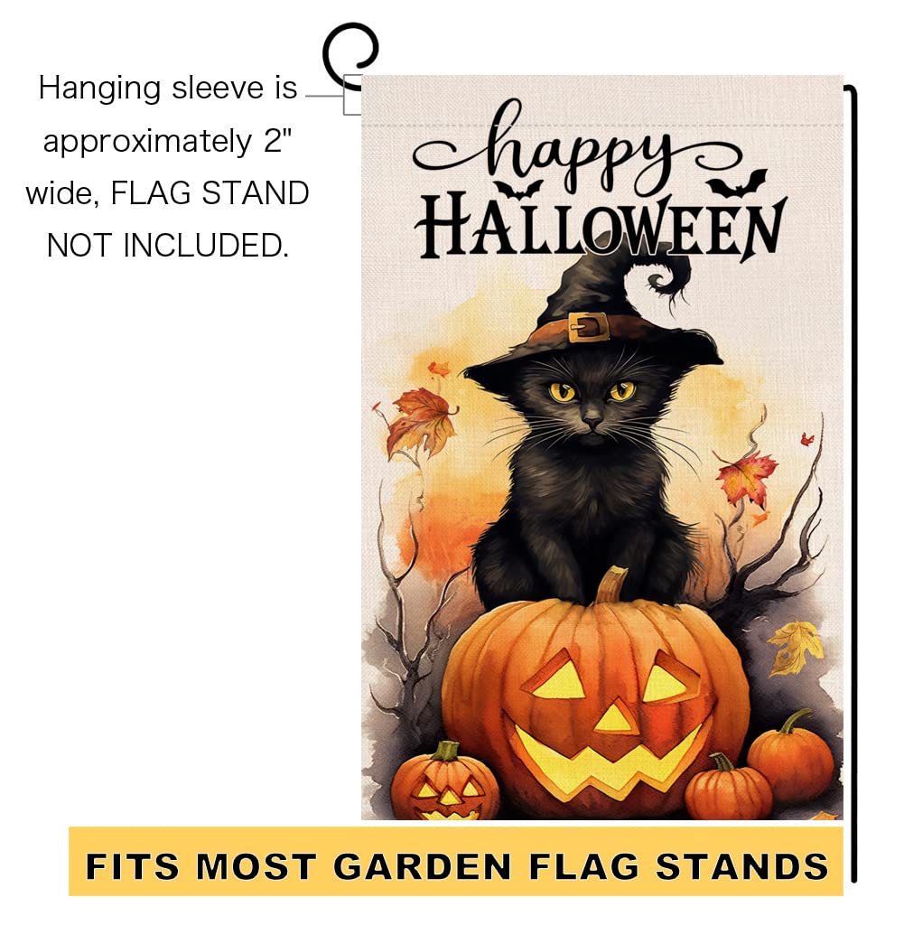 BLKWHT Halloween Cat Garden Flag 12x18 Vertical Double Sided Happy Halloween Pumpkin Holiday Outside Decorations Burlap Yard Flag BW479