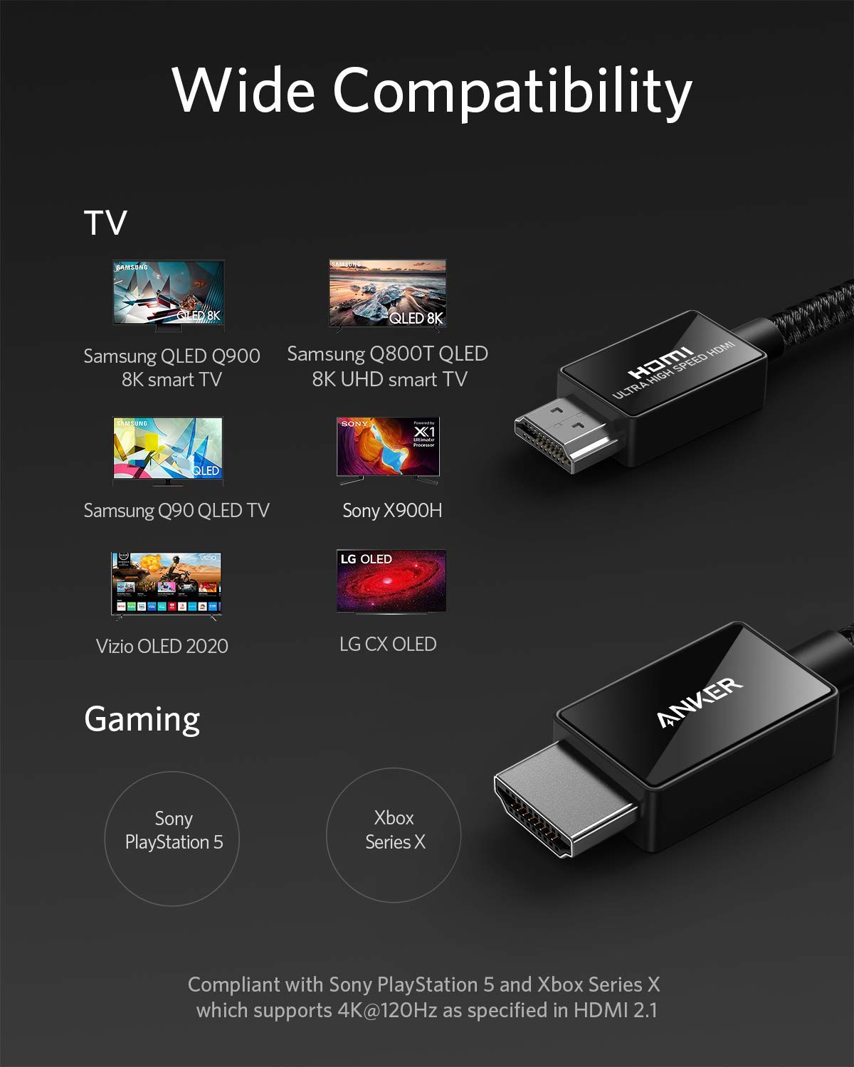 Anker HDMI 2.1 Cable 8K@60Hz, 6.6FT Ultra High Speed 4K@120Hz 48Gbps Ultra HD, HDMI Cable Support Dynamic HDR,eARC,Dolby Atmos,Compatible with PlayStation 5,Xbox Series X,Samsung TVs