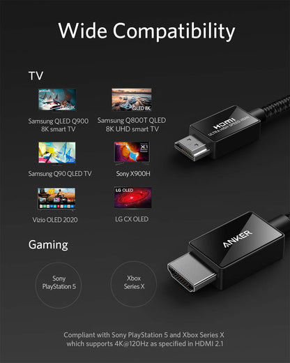 Anker HDMI 2.1 Cable 8K@60Hz, 6.6FT Ultra High Speed 4K@120Hz 48Gbps Ultra HD, HDMI Cable Support Dynamic HDR,eARC,Dolby Atmos,Compatible with PlayStation 5,Xbox Series X,Samsung TVs
