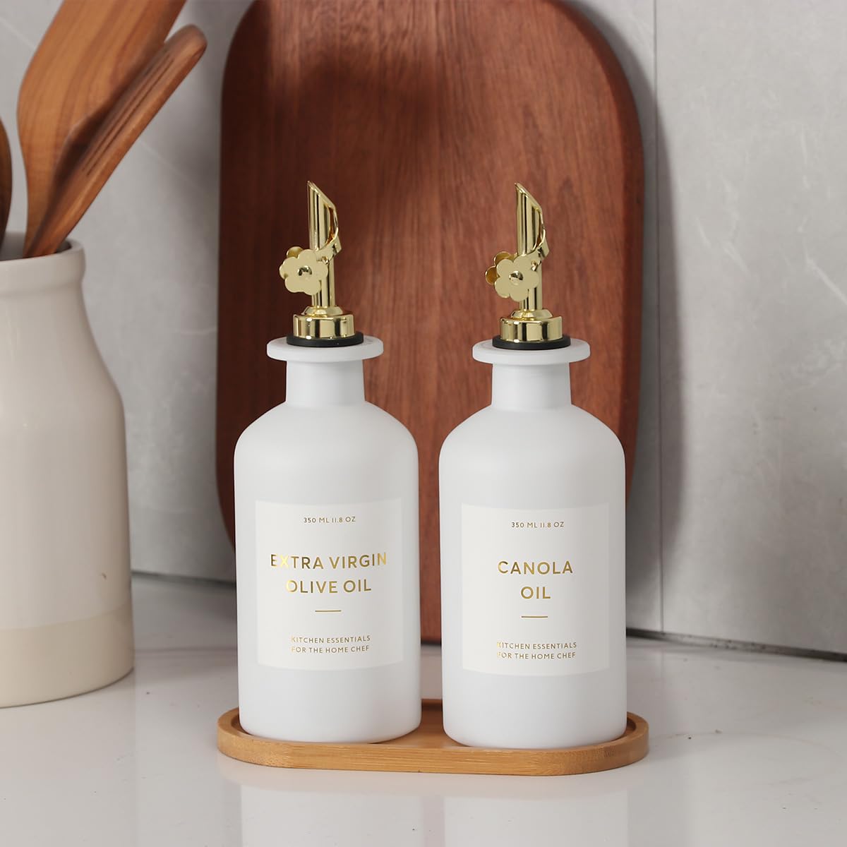 HOMCDALY Olive Oil Dispenser for Kitchen, 11.8oz Glass kitchen Dispenser Bottle, Gold Oil&Vinegar Cruet Set, Leakproof Oil Containers for Cooking| Set of 2 (11.8oz – Gold)