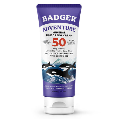Badger Mineral Sunscreen SPF 50 Zinc Oxide Sunscreen with 98% Organic Ingredients, Reef-Safe, Broad-Spectrum, Hypoallergenic, Water Resistant, Unscented Adventure Sport 2.9 fl oz
