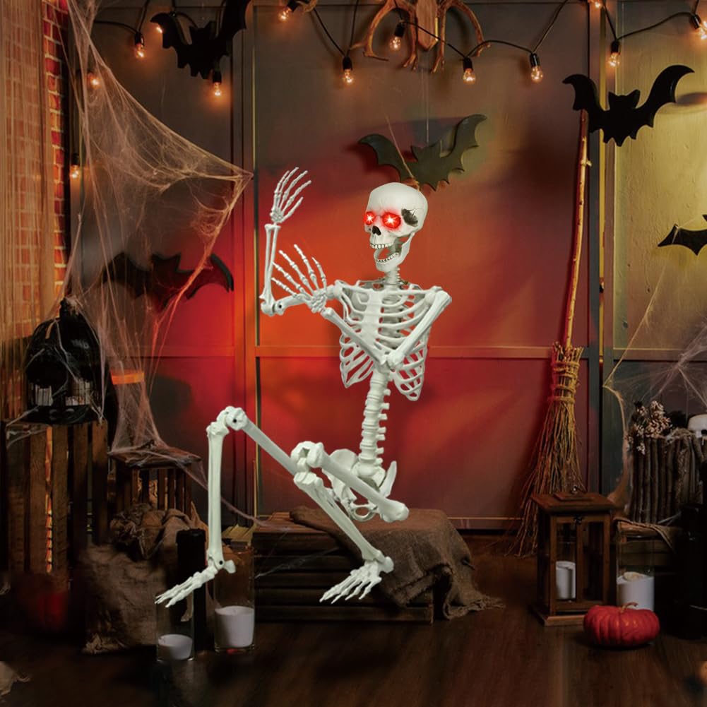 6Ft Halloween Skeleton, Posable Life Size Skeleton with Glowing Eyes Creepy Sound, Plastic Skeletons with Movable Joints for Graveyard Prop, Indoor Outdoor Haunted House Party Decor
