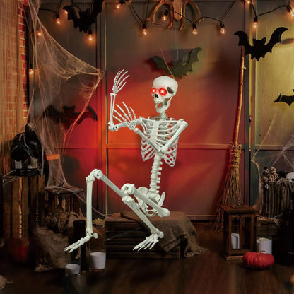 6Ft Halloween Skeleton, Posable Life Size Skeleton with Glowing Eyes Creepy Sound, Plastic Skeletons with Movable Joints for Graveyard Prop, Indoor Outdoor Haunted House Party Decor