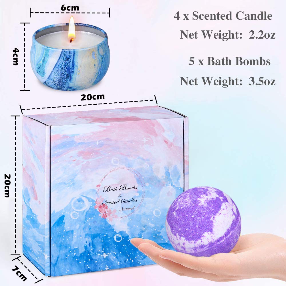 Bath Bombs Gift Set - 5 Large Fizzy Spa Bombs with 4 Scented Candles for Women - Moisturizing Bubble Bath with Essential Oils for Valentine's, Birthday Gifts