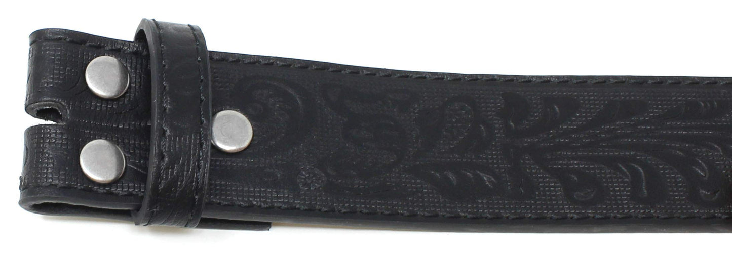 BC Belts Leather Belt Strap with Embossed Western Scrollwork 1.5" Wide with Snaps (Black-XL)