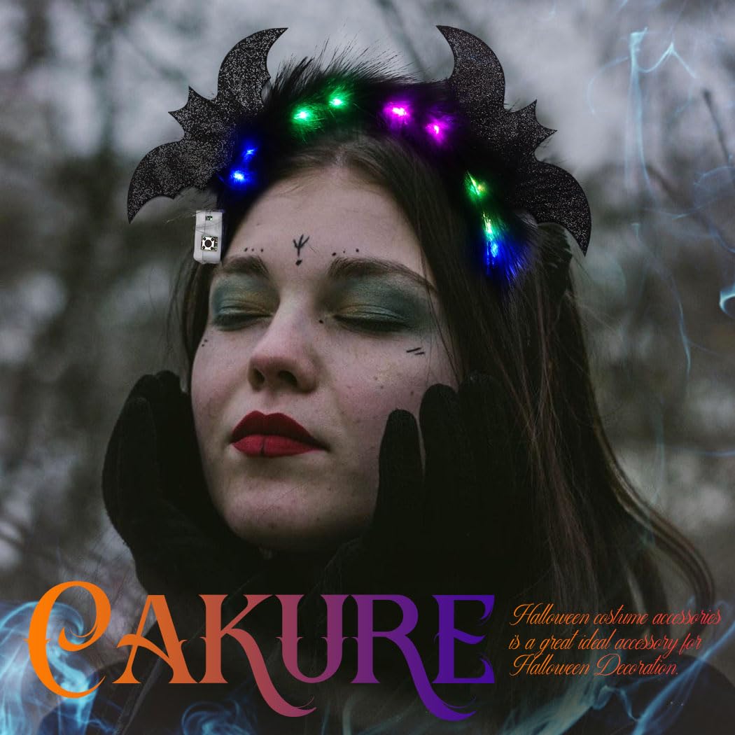 CAKURE Light Up Halloween Headband Led Black Feather Headpiece Glowing Bats Hairbands Nightclub Festivel Party Headwear Rave Hair Accessories