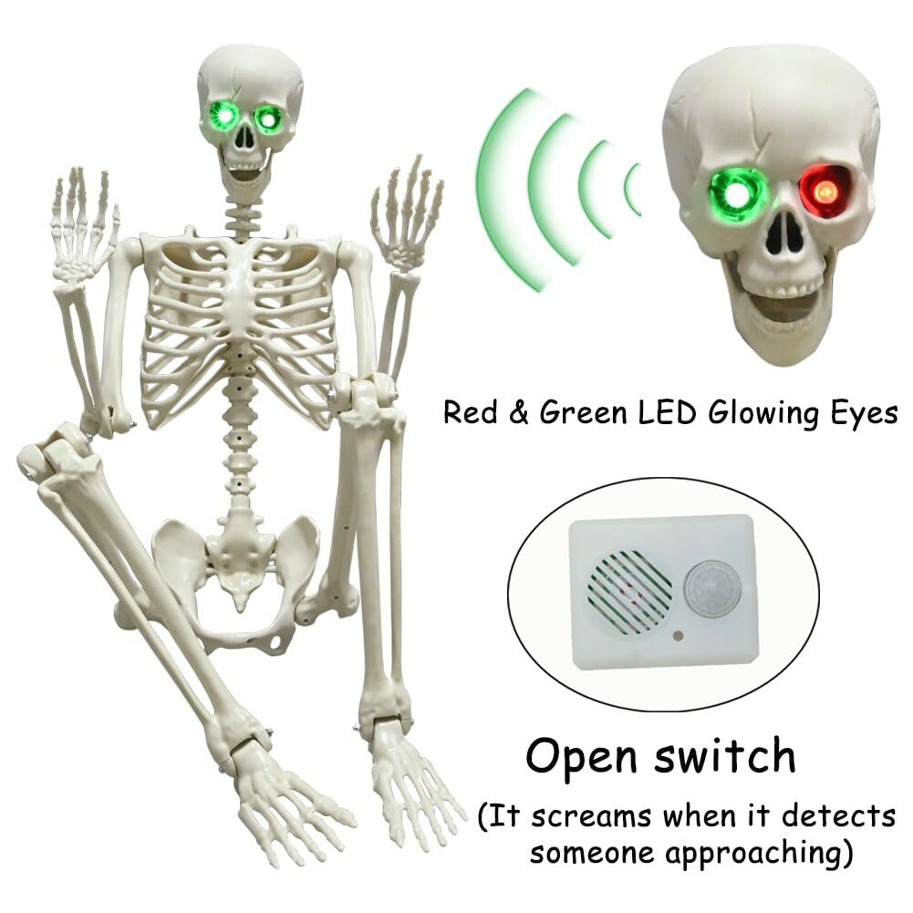 WODMAZ 5.4Ft Halloween Skeleton, Full Size Posable Skeleton with Glowing Eyes Creepy Sound, Full Body Life Size Skeleton and 2 Arm Stakes for Halloween Indoor Outdoor Haunted House Decorations