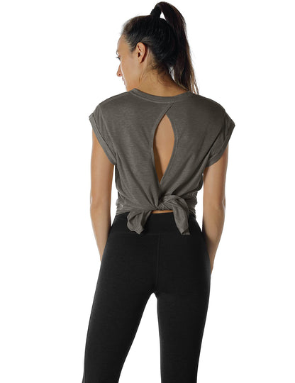icyzone Open Back Workout Top Shirts - Yoga t-Shirts Activewear Exercise Tops for Women (M, Charcoal)