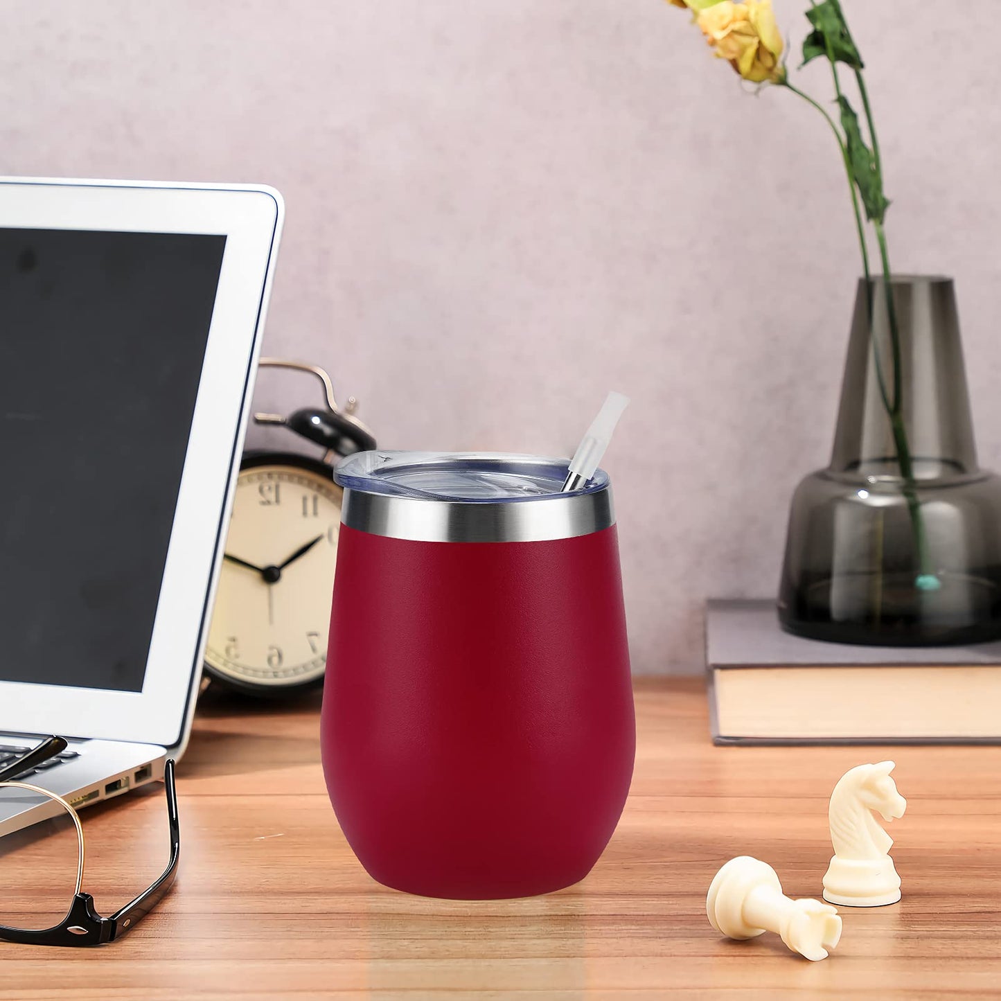 6 Pack Stainless Steel Wine Tumblers, 12Oz Insulated Wine Tumbler, Double Wall Insulated Wine Glass, Stainless Steel Stemless Wine Cups with Lids for Coffee, Wine, Cocktails, Champaign, Wine Red