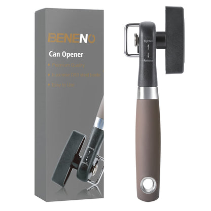 Beneno Can Opener, Manual Side Safe Cut Can Opener Smooth Edge with Durable Sharp Blade, Effort-Saving Knob & Comfortable Non-slip Handle, Brown