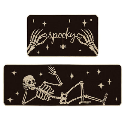 Artoid Mode Spooky Skeleton Spider Bone Black Halloween Kitchen Mats Set of 2, Black Home Decor Low-Profile Kitchen Rugs for Floor - 17x29 and 17x47 Inch