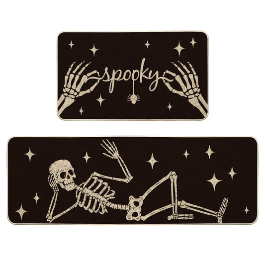 Artoid Mode Spooky Skeleton Spider Bone Black Halloween Kitchen Mats Set of 2, Black Home Decor Low-Profile Kitchen Rugs for Floor - 17x29 and 17x47 Inch