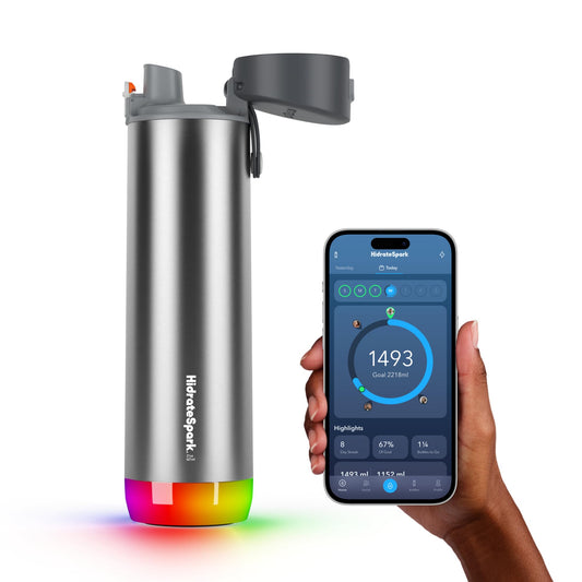Hidrate Spark PRO Smart Water Bottle 21oz Brushed Steel | Tracks Water Intake, Bluetooth, LED Glow Reminder, When You Need to Drink, Chug Lid