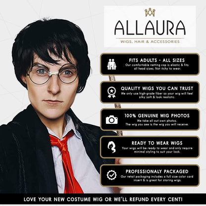 ALLAURA Compatible with Harry Potter Wig – Short Black Boy Wizard Wig & Glasses Set for Kids & Adults – Magical School Costume Accessory for Halloween, Cosplay, Book Week, Fantasy Party Outfits
